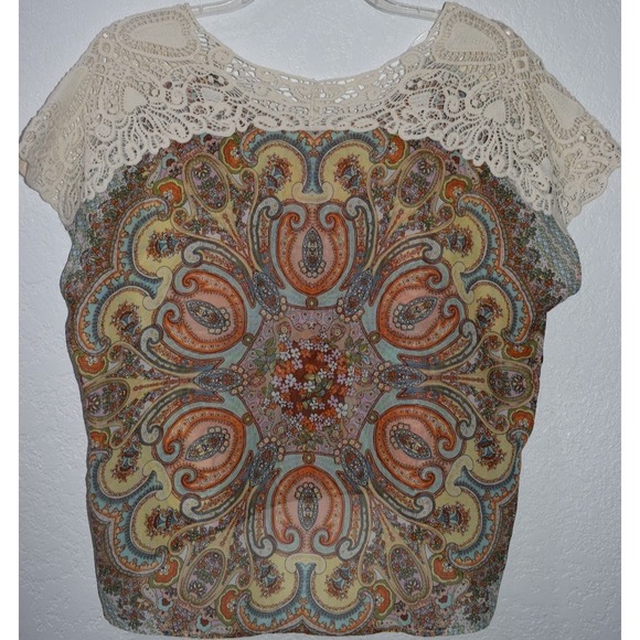 ONE WORLD Dresses & Skirts - One World Sleeveless Top Large Crochet Shoulders High-Low Hem Sheer Boho Hippie